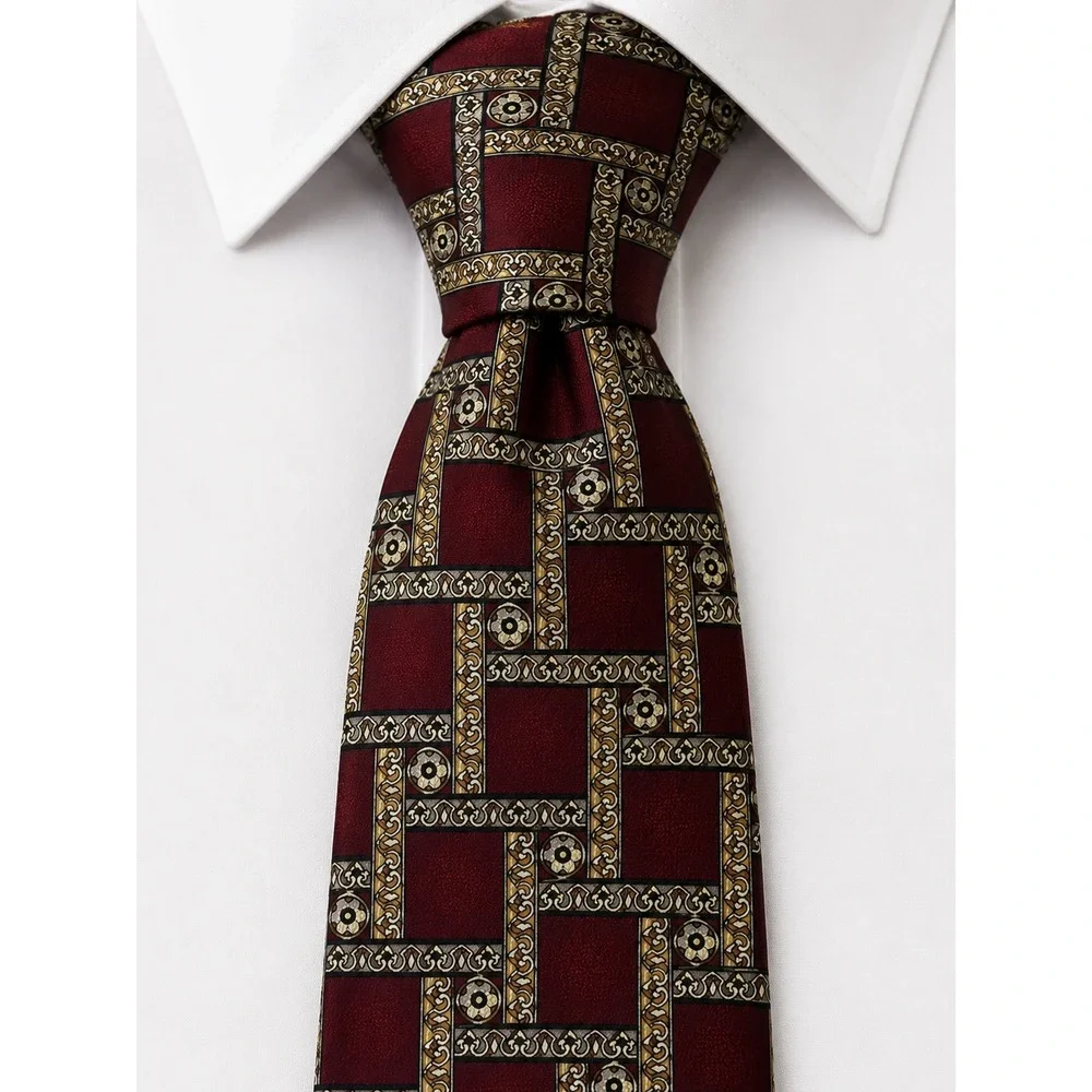 Fierte s.r.l. Mens Burgundy Gold Geometric Tile Silk Tie Made in Italy‎ 56 Inch